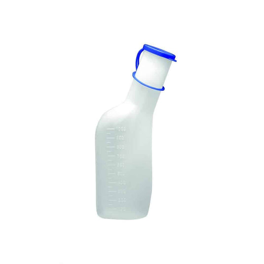 Fľaša na moč pre mužov od spoločnosti Meditrade GmbH je priehľadná plastová fľaša s modrým uzáverom a ergonomickým držadlom. Má objem 1000 ml, meracie značky na jednej strane a vyznačuje sa jednoduchou obsluhou. Držiak na fľašu na moč je k dispozícii samostatne.