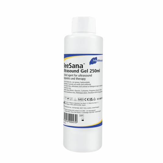 Fľaša s ultrazvukovým gélom Meditrade BeeSana®, 250 ml, označená ako lubrikant pre ultrazvukové vyšetrenia. Na etikete sú uvedené podrobnosti o produkte a symboly týkajúce sa dodržiavania zákonných predpisov.