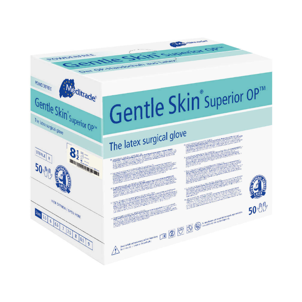 Jedna škatuľka Meditrade Gentle Skin® Superior OP™ latexových operačných rukavíc, veľkosť 8,5, obsahuje 50 párov. Balenie je prevažne biele a modré s podrobnými informáciami o produkte. Tieto latexové operačné rukavice sú od značky Meditrade GmbH.