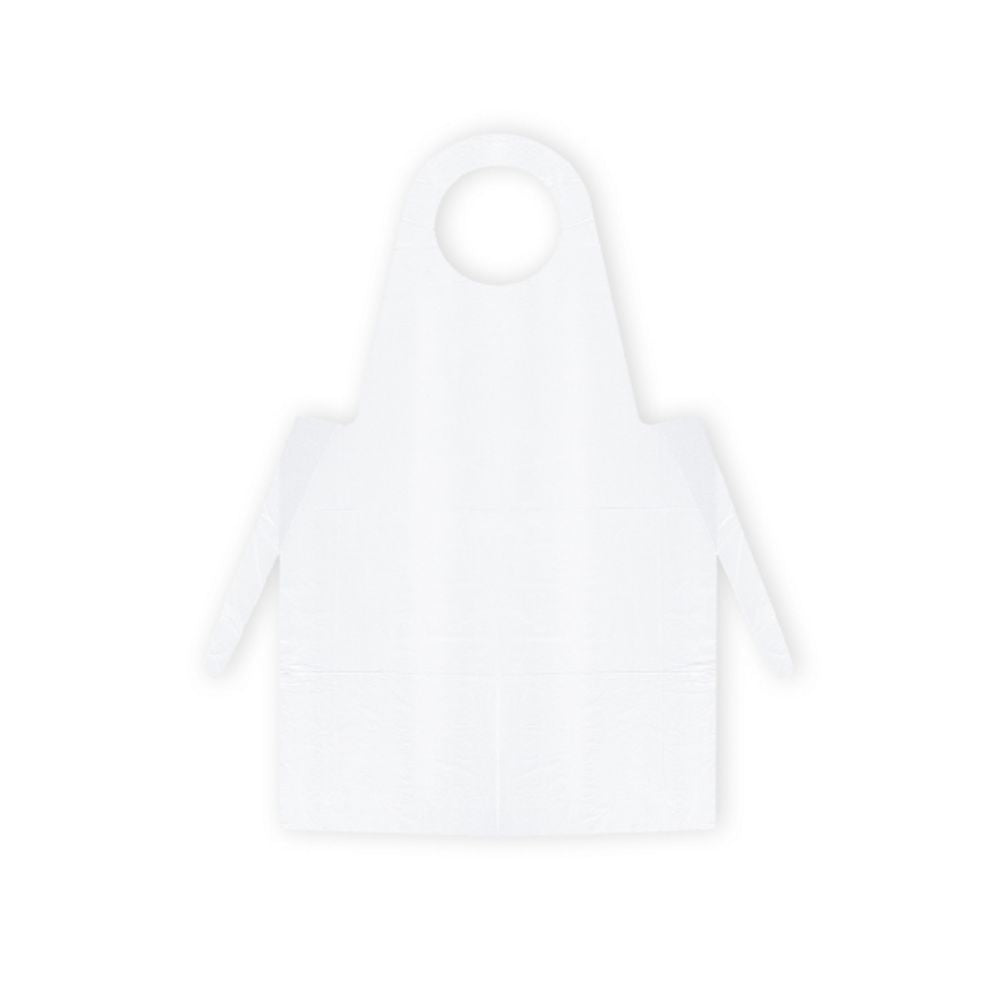 Auf grauem Untergrund ist eine blaue Meditrade PE-Einmalschürze der Meditrade GmbH abgebildet. Sie verfügt über einen kreisrunden Halsausschnitt und lange Seitenbänder zum Binden in der Taille und erfüllt damit wesentliche Hygieneanforderungen.