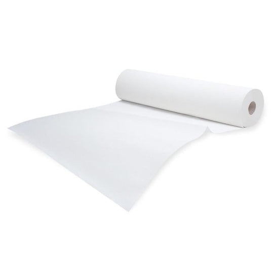 Rolka bieleho lekárskeho krepového papiera Meditrade Rollicel®, mierne rozvinutá pred jednoduchým bielym pozadím. Rolka je umiestnená diagonálne, pričom jej koniec je mierne ohnutý do strany.