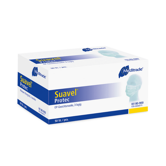 Obdĺžniková škatuľa Meditrade Suavel® Protec OP-masky 50 kusov. Škatuľa je prevažne biela s modrými detailmi a zobrazuje obrázok osoby, ktorá nosí masku. Obsahuje 50 operačných masiek (3-vrstvové) s vysokou účinnosťou bakteriálnej filtrácie a je opatrená rôznymi textami a logami Meditrade GmbH.