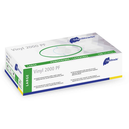 Krabica Meditrade Vinyl 2000 PF jednorazových rukavíc z vinylu, medicínske rukavice od Meditrade GmbH, obsahuje 100 bezpúdrových a bezlatexových vinylových rukavíc, zobrazených na bielom pozadí.