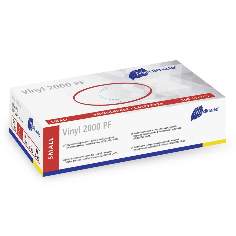 Krabica Meditrade Vinyl 2000 PF jednorazových rukavíc v malej veľkosti z vinylu s logom Meditrade GmbH na bielom pozadí. Krabica obsahuje 100 kusov.