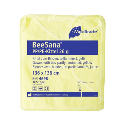 Balenie Meditrade BeeSana® PP/PE-plášťov XL, 26 g od Meditrade GmbH, veľkosť 136 x 136 cm, obsahuje 10 žltých vodotesných ochranných plášťov s viazacím pásom. Údaje o výrobcovi a produkte sú uvedené na obale.