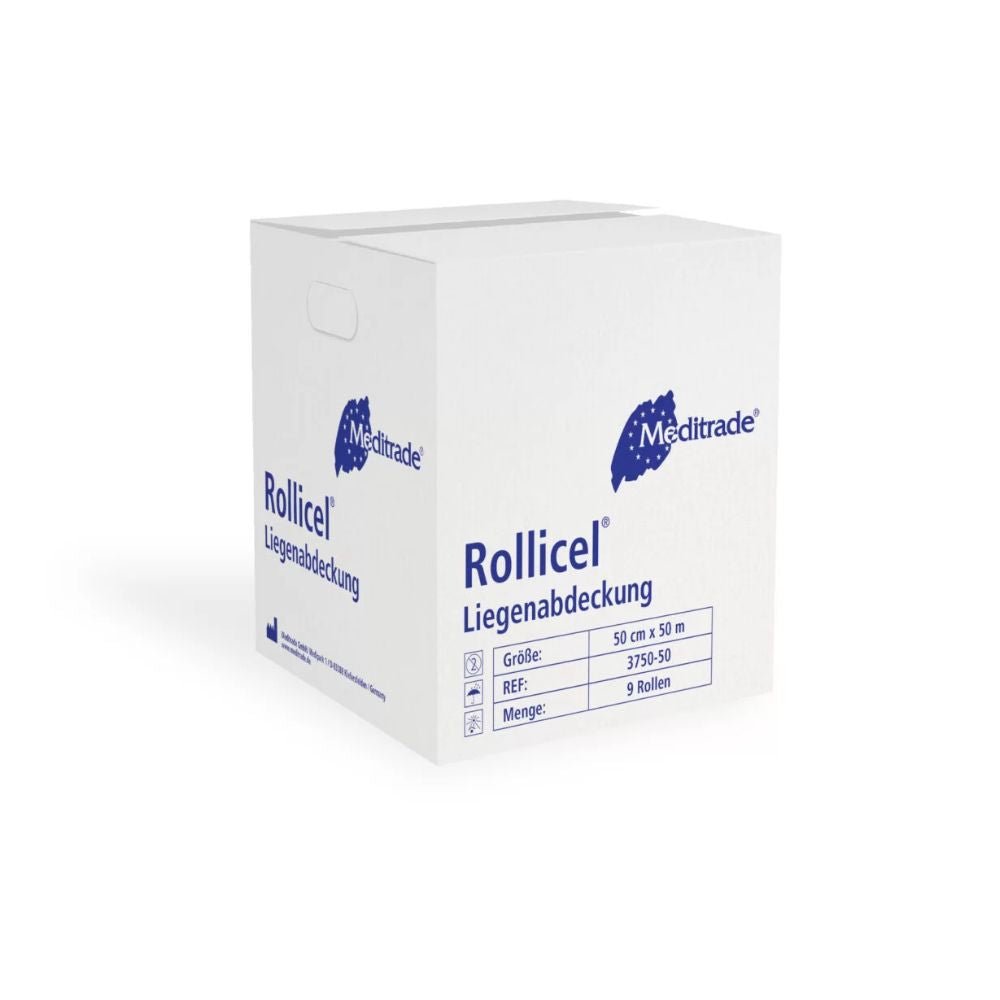 Biela škatuľa s obchodným názvom Meditrade GmbH predstavuje zloženie celulózového tkaniva s označením Meditrade Rollicel® Liegenabdeckung. Kartón s rozmermi 50 cm x 50 m obsahuje šesť balení a má výrez na uchopenie s nápadnou modrou grafikou značky.