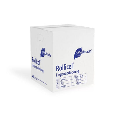 Biela škatuľa s obchodným názvom Meditrade GmbH predstavuje zloženie celulózového tkaniva s označením Meditrade Rollicel® Liegenabdeckung. Kartón s rozmermi 50 cm x 50 m obsahuje šesť balení a má výrez na uchopenie s nápadnou modrou grafikou značky.