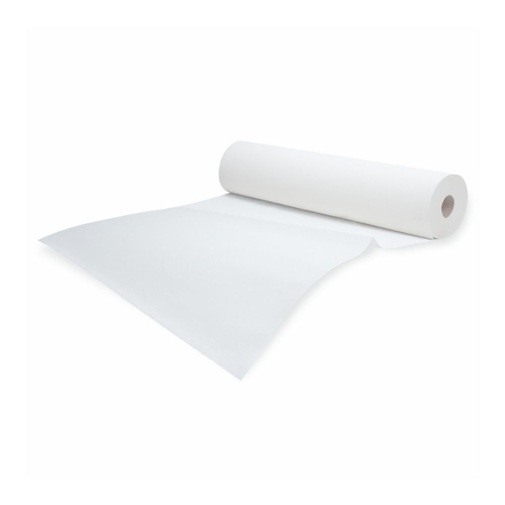Rolka Meditrade Rollicel® Liegenabdeckung s jej bezchybným bielym povrchom a dutým jadrom je čiastočne rozvinutá na bielom pozadí a ukazuje hladkosť tohto produktu o rozmere 50 cm x 50 m od spoločnosti Meditrade GmbH.
