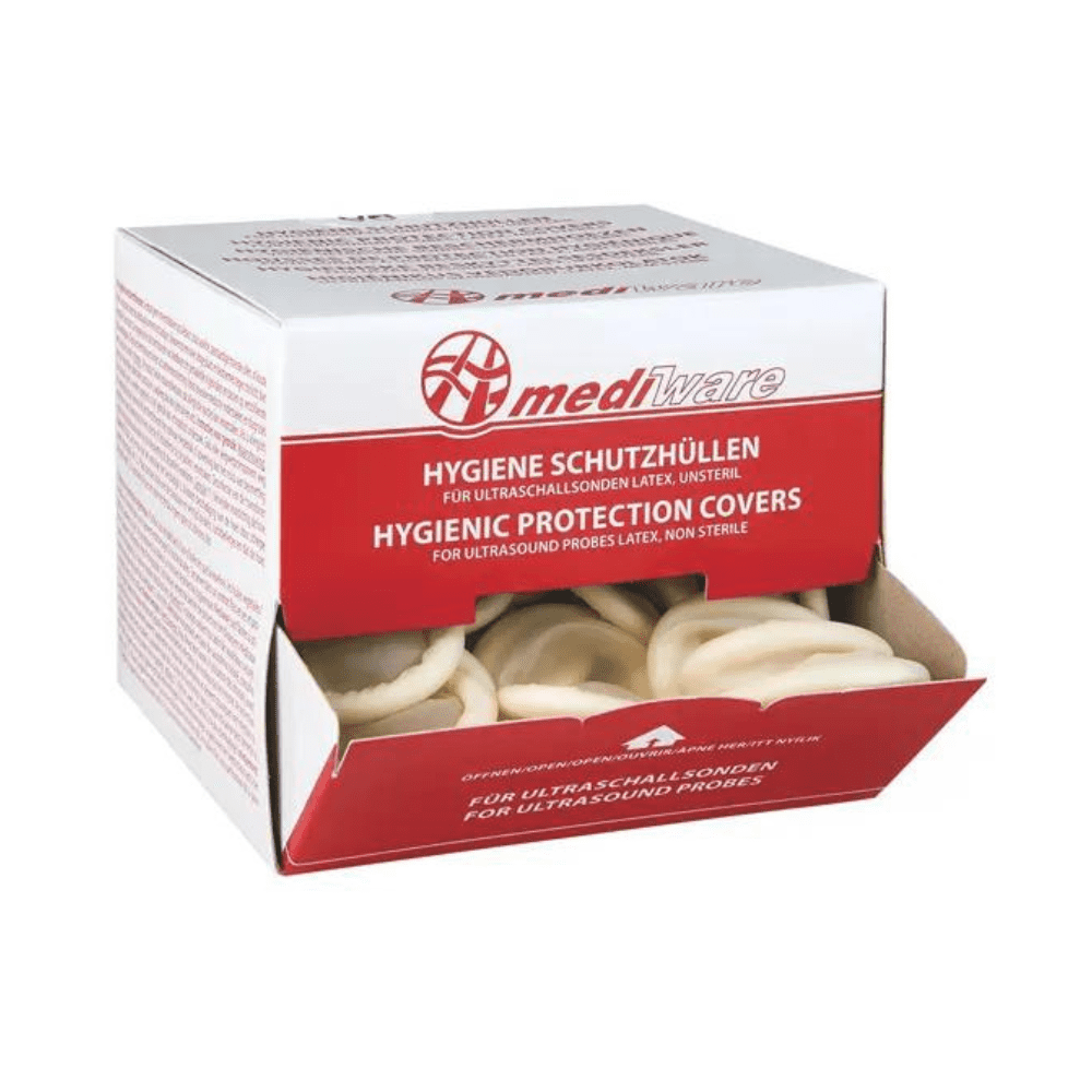 Krabica so značkou „Servoprax GmbH“ a nápisom „Mediware Ultrazvukové ochranné obaly bez lubrikantu – ø 32 mm | Balenie (144 kusov)“ obsahuje ochranné obaly na ultrazvukové sondy, ktoré boli špeciálne vyvinuté pre rektálne a vaginálne sondy s priemerom 32 mm. V otvorenej krabici sa nachádza niekoľko nesterilných latexových ultrazvukových obalov s popismi v nemčine a angličtine.