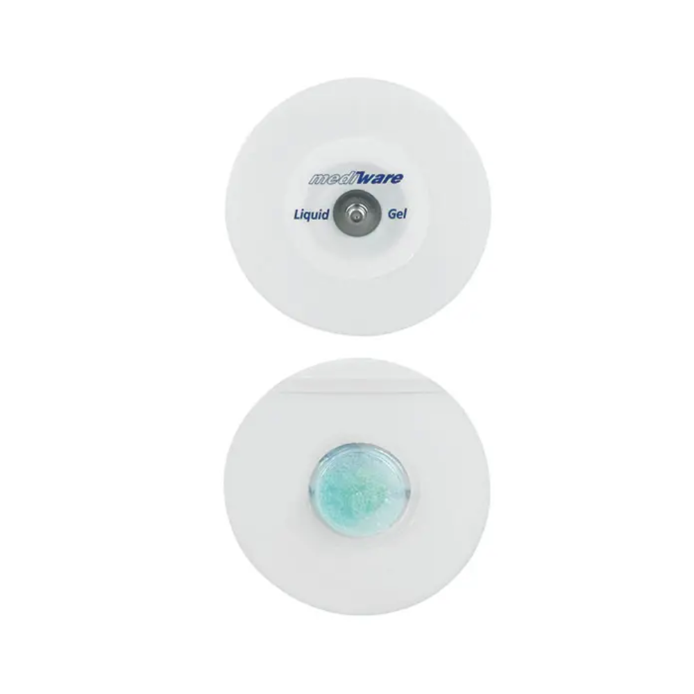 Obrázok zobrazuje dve okrúhle penové elektródy. Horná elektróda nesie nápis „Servoprax GmbH“, čo poukazuje na technológiu Liquid-Gel. Dolná elektróda má viditeľné modrozelené gélové centrum. Obe sú vyrobené na lekárske použitie a vybavené tlačidlovým pripojením pre jednoduché použitie.