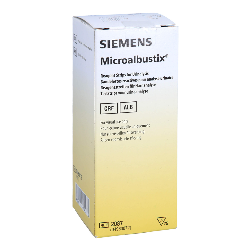 Bielo-žltá krabička Servoprax Microalbustix prúžkov na test moču (25 kusov) je opatrená viacjazyčným textom, zdôrazňuje testy CRE a ALB pre skríning mikroalbuminúrie a je vizuálne vyhodnotená na analýzu moču.