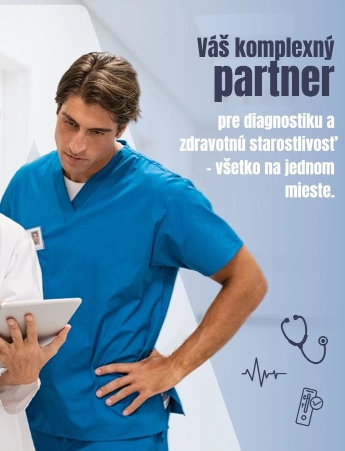 Traja zdravotnícki pracovníci stoja spolu a pozerajú sa na tablet, zatiaľ čo vpravo sa zobrazuje reklamná oblasť s medicínskymi symbolmi