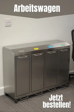 Edelstahl-Arbeitswagen mit vier Türen und farblich markierten Fächern in einem Büro oder Arbeitsraum; darüber der Text ‚Arbeitswagen‘ und unten ‚Jetzt bestellen!‘.