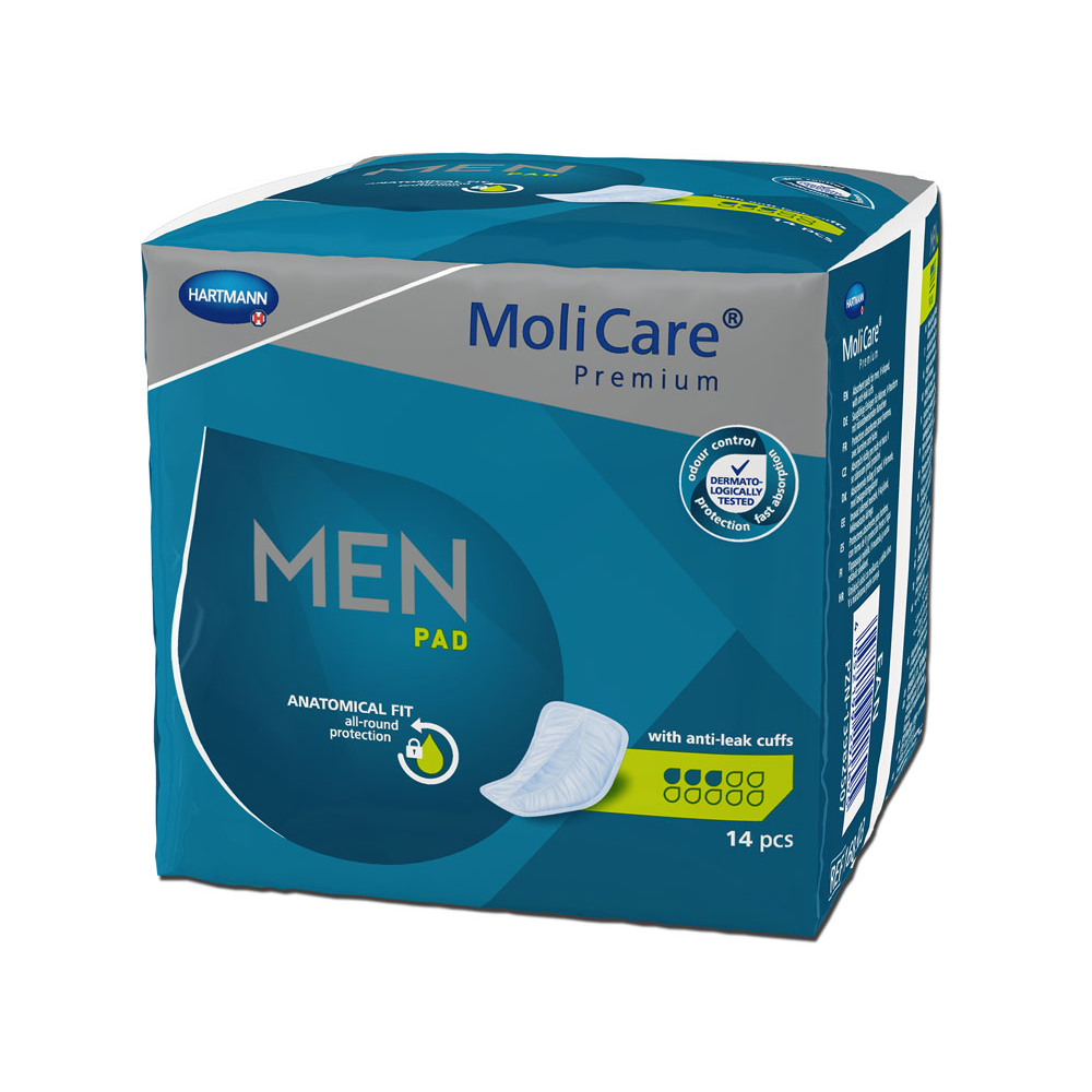 Škatuľa Hartmann MoliCare® Premium MEN PAD vložka - 14 kusov, s anatomickým tvarom a proti úniku manžetami. Balenie je prevažne modré a obsahuje informácie o produkte a obrázky.