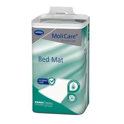 Balenie MoliCare® Premium Bed Mat ochranná podložka na posteľ 5 kvapiek od Paul Hartmann AG s informáciami o hygiene a ochrane, obsah 30 kusov, zobrazené na bielom pozadí.