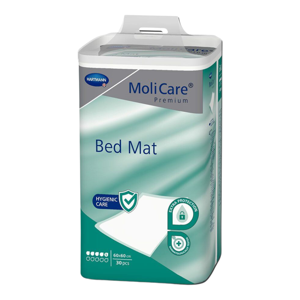 Balenie MoliCare® Premium Bed Mat ochranná podložka na posteľ 5 kvapiek od Paul Hartmann AG. Krabica je zelená a biela, nesie názov produktu a informáciu, že obsahuje 30 kusov, čím zdôrazňuje hygienickú starostlivosť a ochranu postele.