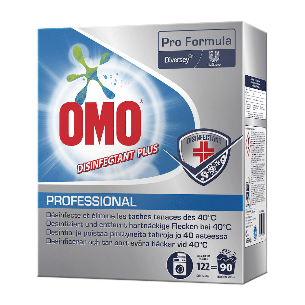 Vystavené je balenie Omo Professional Disinfectant Plus, dezinfekčného pracieho prostriedku (8550 g) od Diversey Deutschland GmbH & Co. OHG. Obal zdôrazňuje účinnosť pri odstraňovaní odolných škvŕn pri 40 °C a obsahuje logá Unilever a Diversey, ako aj návod na použitie.