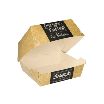 Otvorená, prázdna burgerová krabica z kartónu od PAPSTAR GmbH so sloganom „Great Taste, Good Food!! Pure & Delicious“ na veku a „Snack A La Carte“ na prednej strane. Tento FSC certifikovaný kontajner je hnedý s čiernymi a bielymi akcentmi, a teda ekologická možnosť balenia.