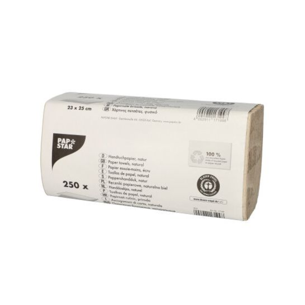 Balenie papierových utierok od PAPSTAR GmbH je v prírodnej farbe, má rozmery 25 x 23 cm a je v dizajne cik-cak skladania. Každé balenie obsahuje 250 jednovrstvových utierok a je hrdým nositeľom ekologickej značky Modrý anjel.