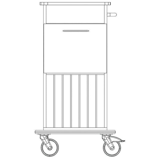 Schwarz-weiße Strichzeichnung des Novocal Pflege- und Arbeitswagens: rechteckiger Korpus, Schublade mit horizontalem Griff, vier Lenkrollen, horizontaler Griff oben rechts. Funktioniert als Wandschutz. Marke: Novocal. Packung (1 Stück).