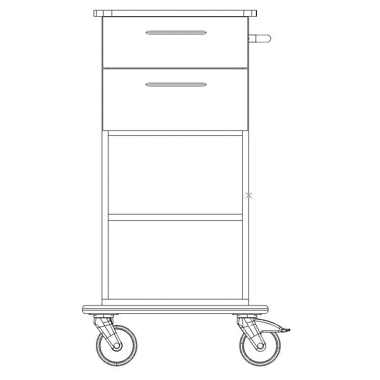 Čierno-biela kresba vozíka Novocal na ošetrovanie a prácu s dvoma zásuvkami, bočnou rukoväťou, veľkými prednými kolesami, menšími zadnými kolesami a otvorenou policou pod ním - zariadenie slúži aj ako ochrana steny.