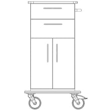 Strichzeichnung eines Novocal Pflege- und Arbeitswagens mit durchgehender Vollkunststoffplatte, zwei großen und zwei kleinen Rädern, oberer Schublade, zwei unteren Türen, Griff an der rechten Seite und robustem Fahrgestell.