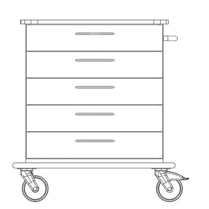 Pohľad spredu na technický nákres podvozku vozíka Novocal na starostlivosť a prácu so štyrmi zásuvkami, úchytkami na každej zásuvke, dvoma veľkými prednými kolesami a dvoma menšími zadnými kolesami. Značka: Novocal. Balenie: 1 kus.