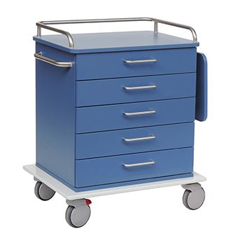 Podvozok modrého vozíka Novocal na starostlivosť a prácu s piatimi zásuvkami, kovovými úchytkami a koľajnicami, bočnou rukoväťou, pravou vyklápacou odkladacou plochou, štyrmi otočnými kolieskami (jedno z nich s červeným brzdovým pedálom); vyrobený z odolného plného plastového materiálu.