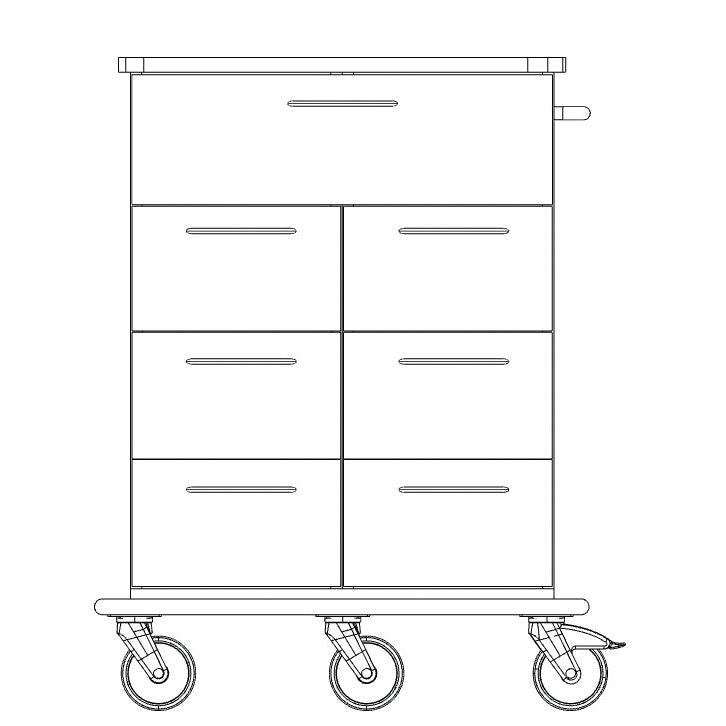 Čiarová kresba podvozka vozíka na starostlivosť a prácu Novocal z plného plastu s veľkou hornou zásuvkou, šiestimi menšími zásuvkami v dvoch radoch, pravou bočnou rukoväťou a štyrmi otočnými kolieskami na základni.