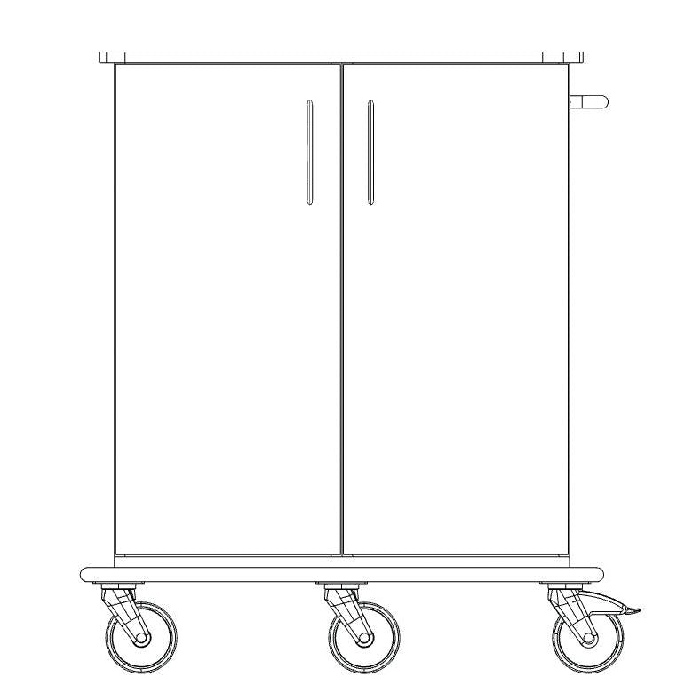 Kresba vozíka na starostlivosť a prácu Novocal zobrazuje obdĺžnikový podvozok s dvoma vertikálnymi dverami, štyrmi kolieskami, bočnou rukoväťou a celoplastovou doskou pre stabilitu a ľahkú mobilitu.