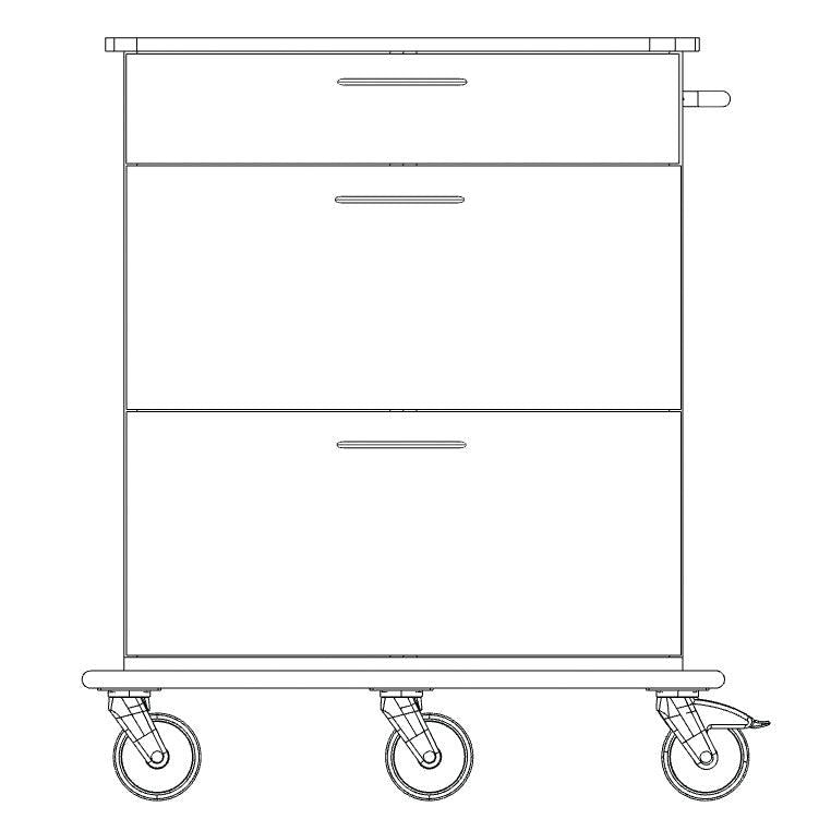 Čierno-biela kresba podvozku vozíka Novocal na starostlivosť a prácu z plného plastu s tromi zásuvkami, štyrmi otočnými kolieskami (jedno s brzdovou pákou) a rukoväťou na pravej strane. Balenie: 1 kus. Značka: Novocal.