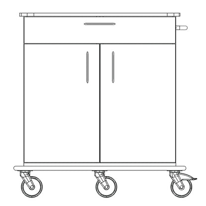 Čierno-biela kresba Novocal ošetrovacieho a pracovného vozíka s celoplastovým podstavcom, hornou zásuvkou, dvoma spodnými dvierkami, rukoväťou na pravej strane a štyrmi otočnými kolieskami (jedno z nich brzdí). Značka: Novocal. 1 kus na balenie.