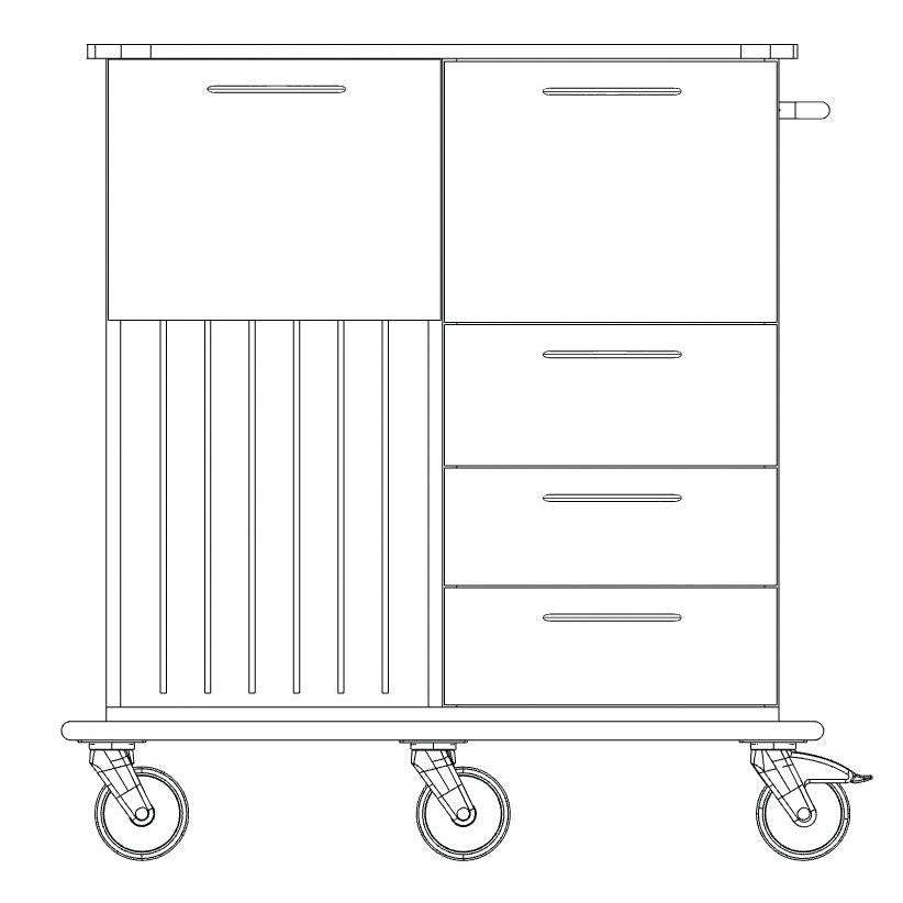 Čierno-biela kresba vozíka na starostlivosť a prácu Novocal: štyri kolesá, tri pravé zásuvky, ľavá skrinka s vertikálnymi lamelami, priestranná priehradka na prepravu pracovných materiálov a rukoväť na pravej strane. Značka: Novocal.