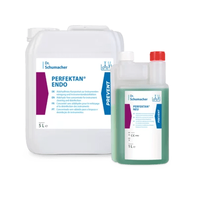 Zobrazené sú dva obaly Dr. Schumacher PERFEKTAN® NEU od Dr. Schumacher GmbH: biely 5L a číry 1L so zelenou tekutinou, ideálne na dezinfekciu povrchov v hygienických oblastiach. Obe etikety sú v nemeckom jazyku.