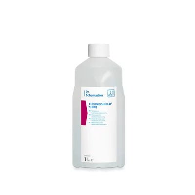 Priehľadná 1-litrová plastová fľaša od Dr. Schumacher GmbH s bielym uzáverom a nápisom "Dr. Schumacher THERMOSHIELD SHINE | Fľaša (1 l)" stojí vzpriamene pred bielym pozadím.