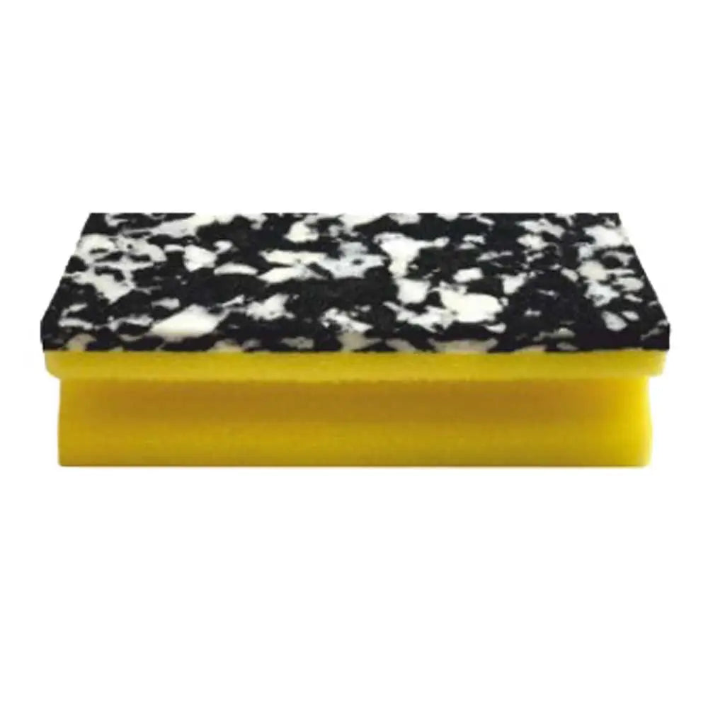 Das Arcora PU-PAD SCHWAMM (150 x 70 x 45 mm) der Arcora International GmbH hat eine gelbe PU-Schaum-Basis und eine schwarz-weiß marmorierte Scheuerfläche; erhältlich in 10er-Packungen, abgebildet auf weißem Hintergrund.