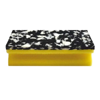 Arcora PU-PAD HUBKA (150 x 70 x 45 mm) od Arcora International GmbH má žltú PU-penovú základňu a čierno-bielo mramorovanú drhnúcu plochu; dostupné v baleniach po 10 kusoch, zobrazené na bielom pozadí.