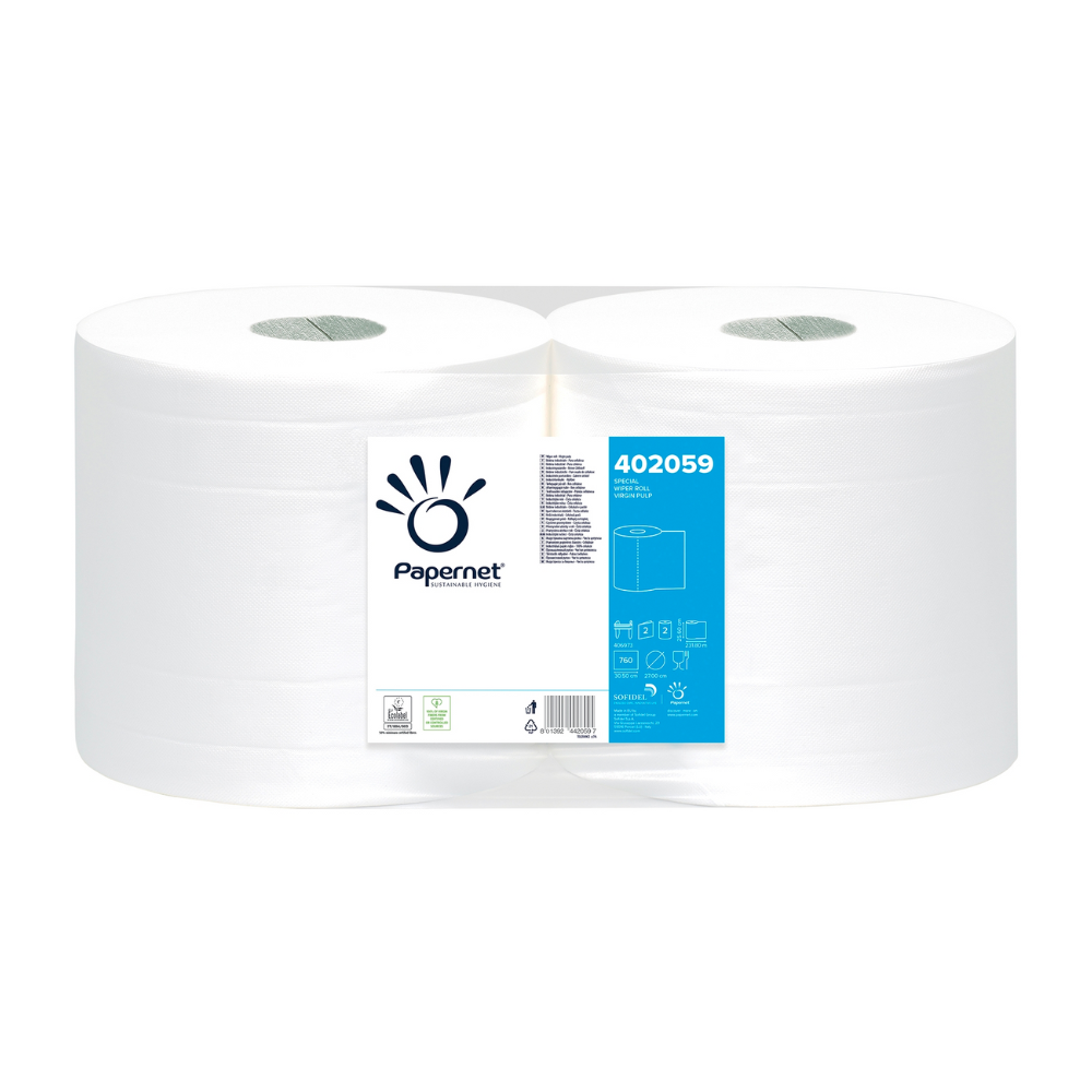 Dve veľké role Papernet priemyselného papiera 402059 od Sofidel Germany GmbH sú naskladané vedľa seba. Každá rola je označená bielou etiketou, na ktorej je vidieť logo značky, číslo produktu 402059 a rôzne detaily produktu modrým a čiernym písmom, ideálne pre každodenné čistiace úlohy.