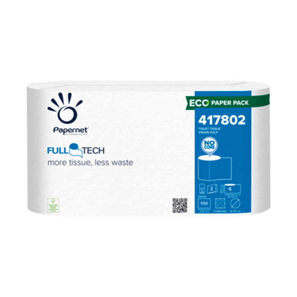 Balenie Papernet toaletného papiera s technológiou Full Tech od Sofidel Germany GmbH. Prevažujúco biele balenie obsahuje modré detaily, informácie o produkte a kód 417802. Obsahuje symbol životného prostredia a QR kód, čo zdôrazňuje inovatívne antibakteriálne balenie.