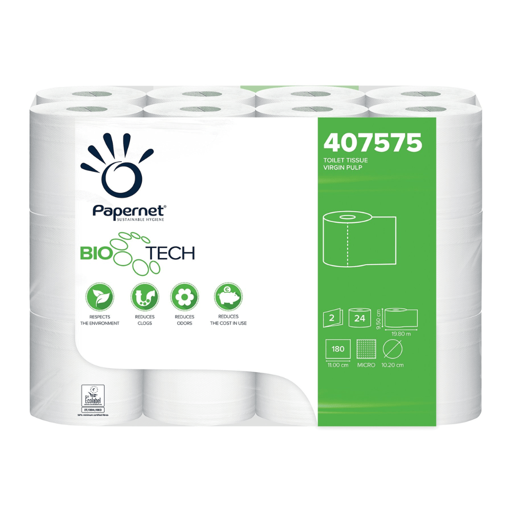 Balenie 24 Papernet 407575 roliek toaletného papiera s Bio Tech od Sofidel Germany GmbH ponúka ekologický dizajn a redukciu baktérií. Každá rolka má rozmery 18 cm x 20 m a využíva technológiu Biologic-Active-Tissue-Paper pre udržateľný zážitok.