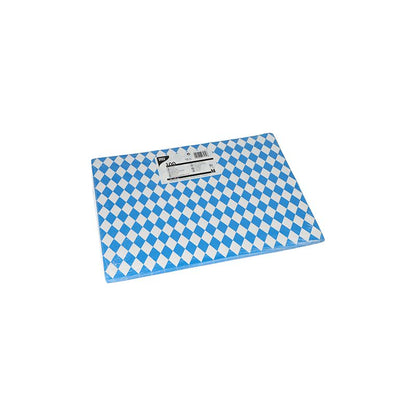 Ein PAPSTAR GmbH Tischset aus Papier, 30 x 40 cm, mit blau-weißem Rautenmuster, umweltfreundlich, mit einem Etikett mit Text und Barcode in der Mitte. Fotografiert auf weißem Hintergrund. Produkt: PAPSTAR 100 Tischsets, Papier.