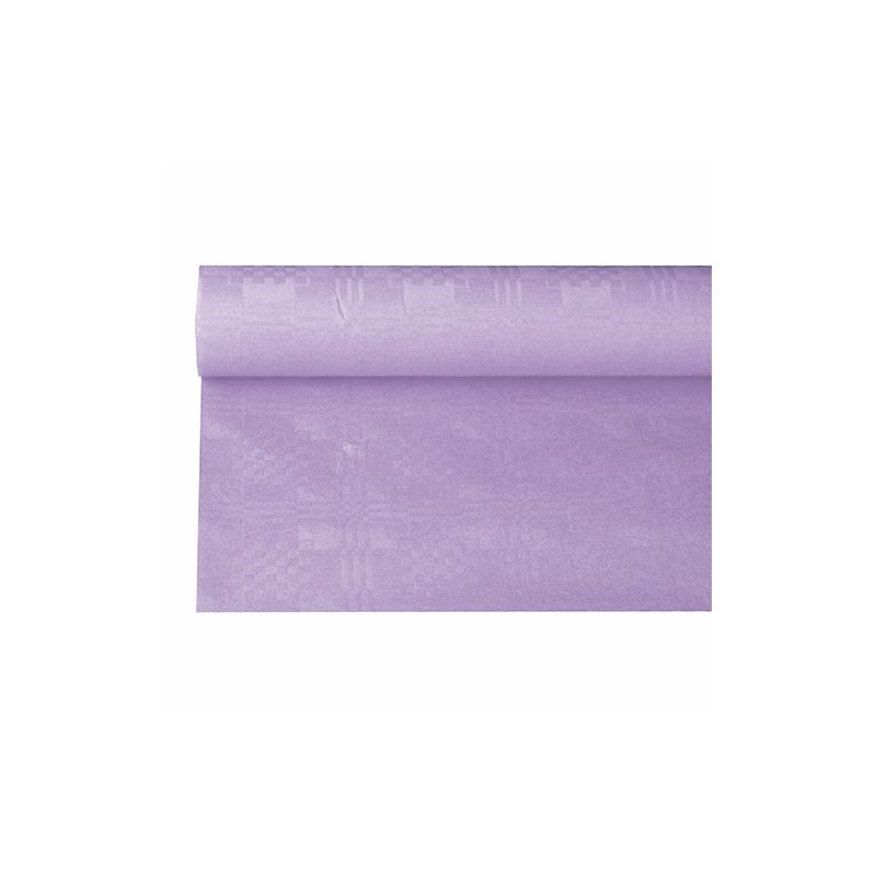 PAPSTAR papierový obrusový papier s damaskovým reliéfom v svetlom fialovom odtieni, ktorý pripomína slávnostnú príležitosť, sa elegantne rozvíja na bielom podklade a odhaľuje svoj hladký povrch a rovnomernú farbu s jemným damaskovým vzorom.