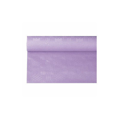 PAPSTAR papierový obrusový papier s damaskovým reliéfom v svetlom fialovom odtieni, ktorý pripomína slávnostnú príležitosť, sa elegantne rozvíja na bielom podklade a odhaľuje svoj hladký povrch a rovnomernú farbu s jemným damaskovým vzorom.