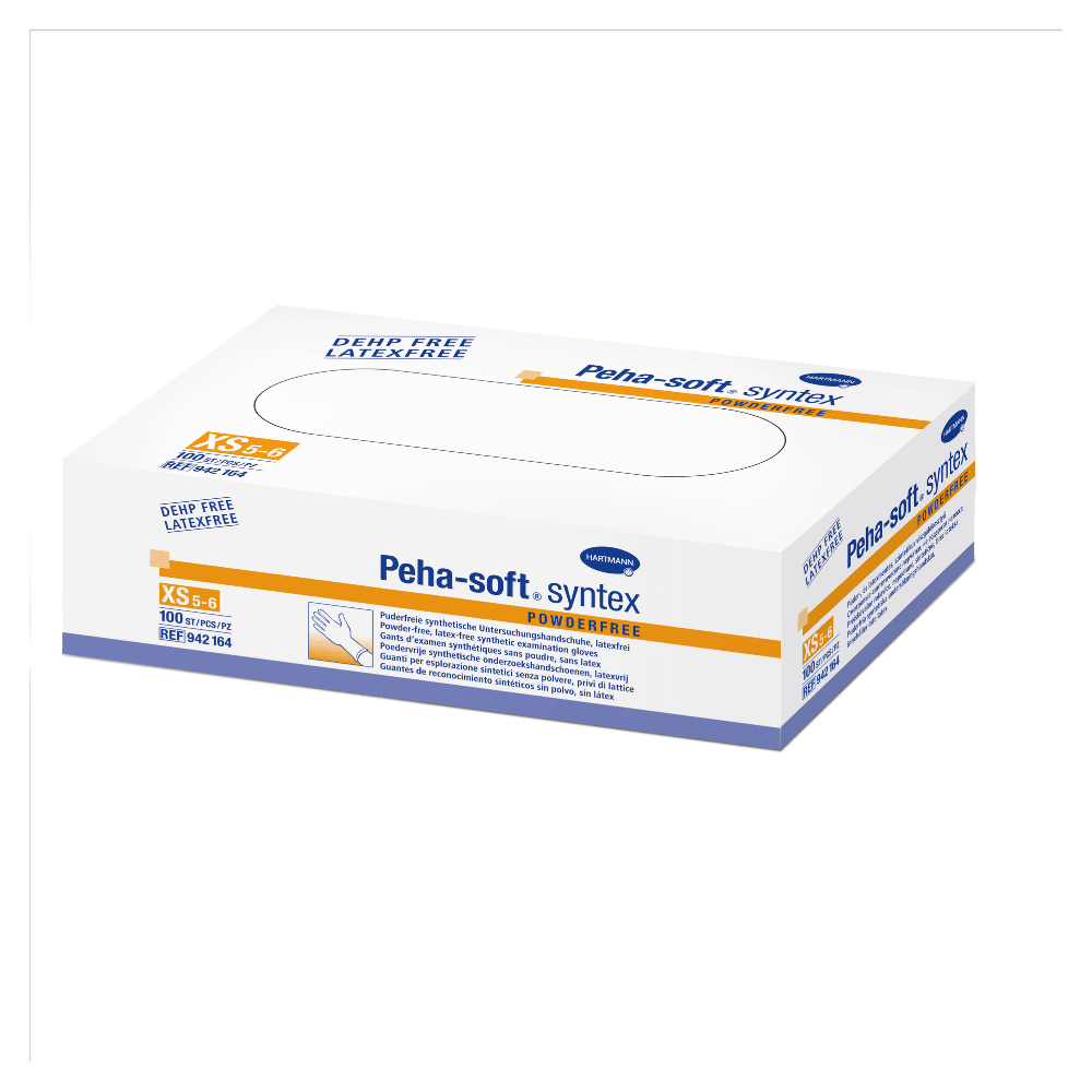 Krabica bezprašných vinylových rukavíc Peha-soft® syntex od spoločnosti Paul Hartmann AG s oranžovým a modrým textom na bielom pozadí a informáciami o veľkosti, množstve a vlastnostiach produktu.