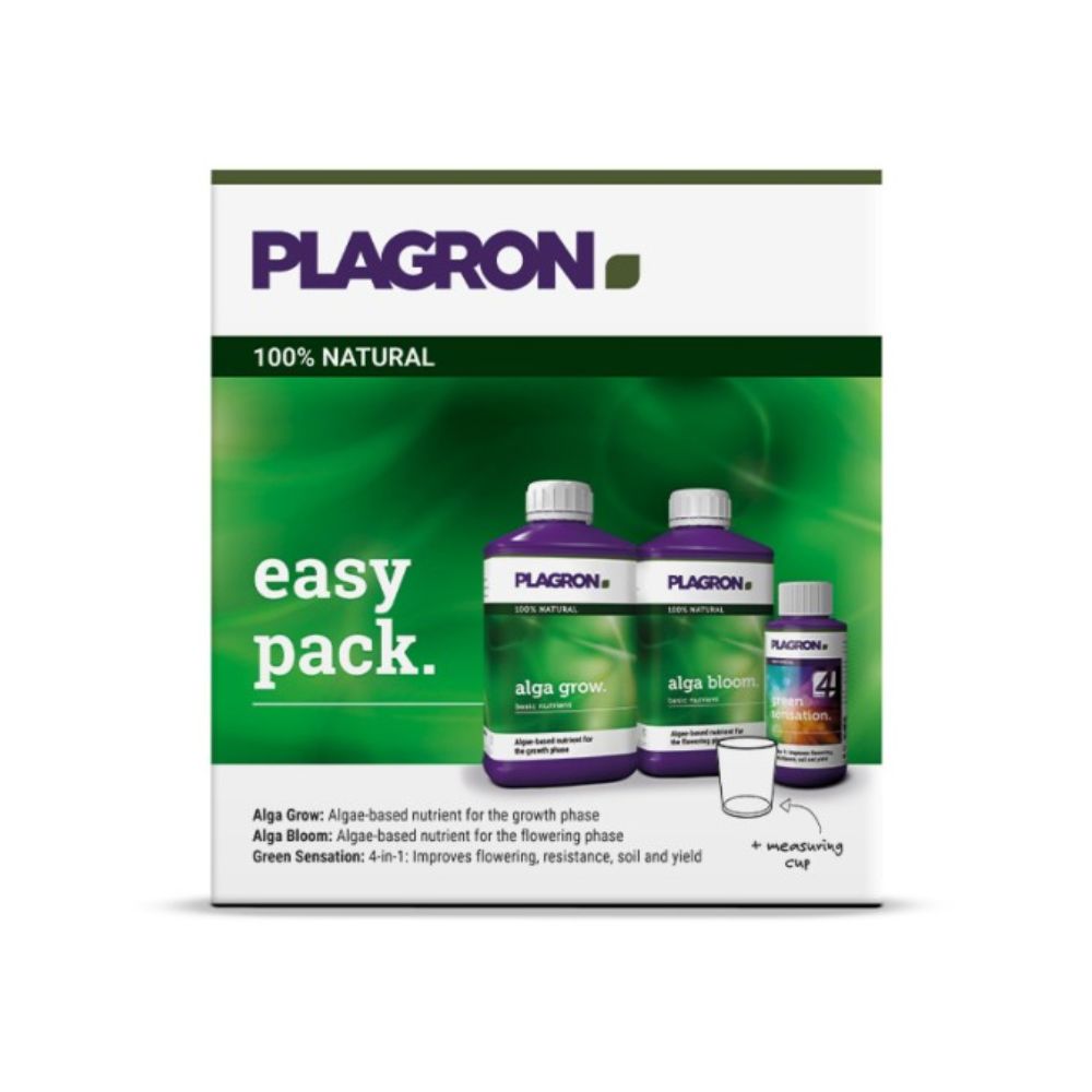 Plagron Easy Pack Natural od Bertels B.V. obsahuje tri fľaše so zelenými a fialovými etiketami pre „Alga Grow“ a „Alga Bloom“ a malú odmerku. Používa organické základné hnojivo a tak zabezpečuje presnú výživu rastlín v kompaktnom balení.