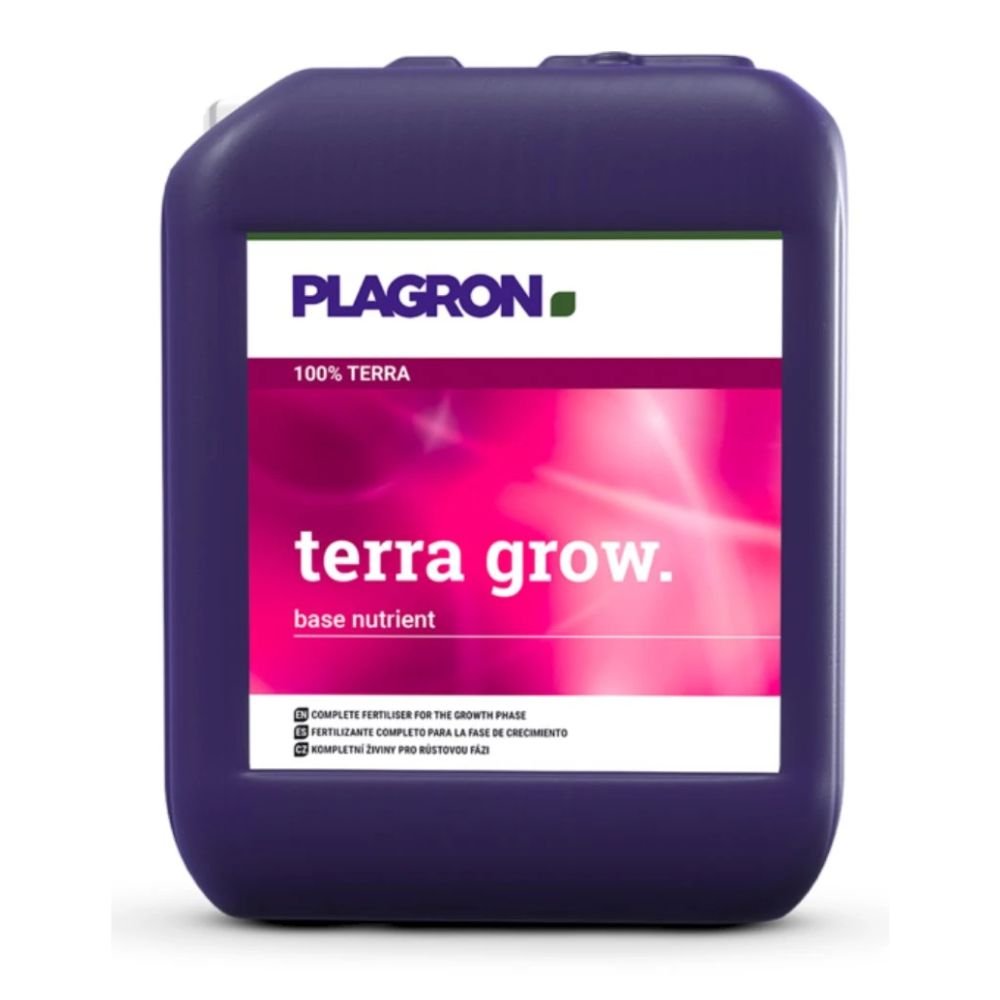 Fialový kontajner s nápisom „Plagron Terra Grow“ od Bertels B.V. má ružovo-biely dizajn. Ide o minerálne plné hnojivo, ktoré podporuje rýchly rast rastlín počas rastovej fázy, s viacjazyčným textom.