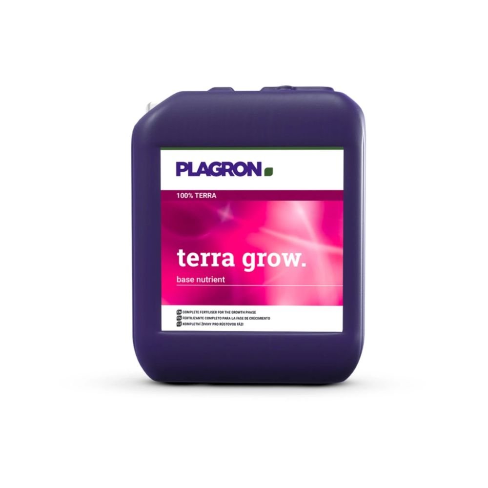Fialový kontajner s Plagron Terra Grow od Bertels B.V. je prezentovaný s bielou etiketou a ružovou časťou, čo zvýrazňuje jeho úlohu pri podpore rýchlejšieho rastu rastlín počas rastovej fázy.