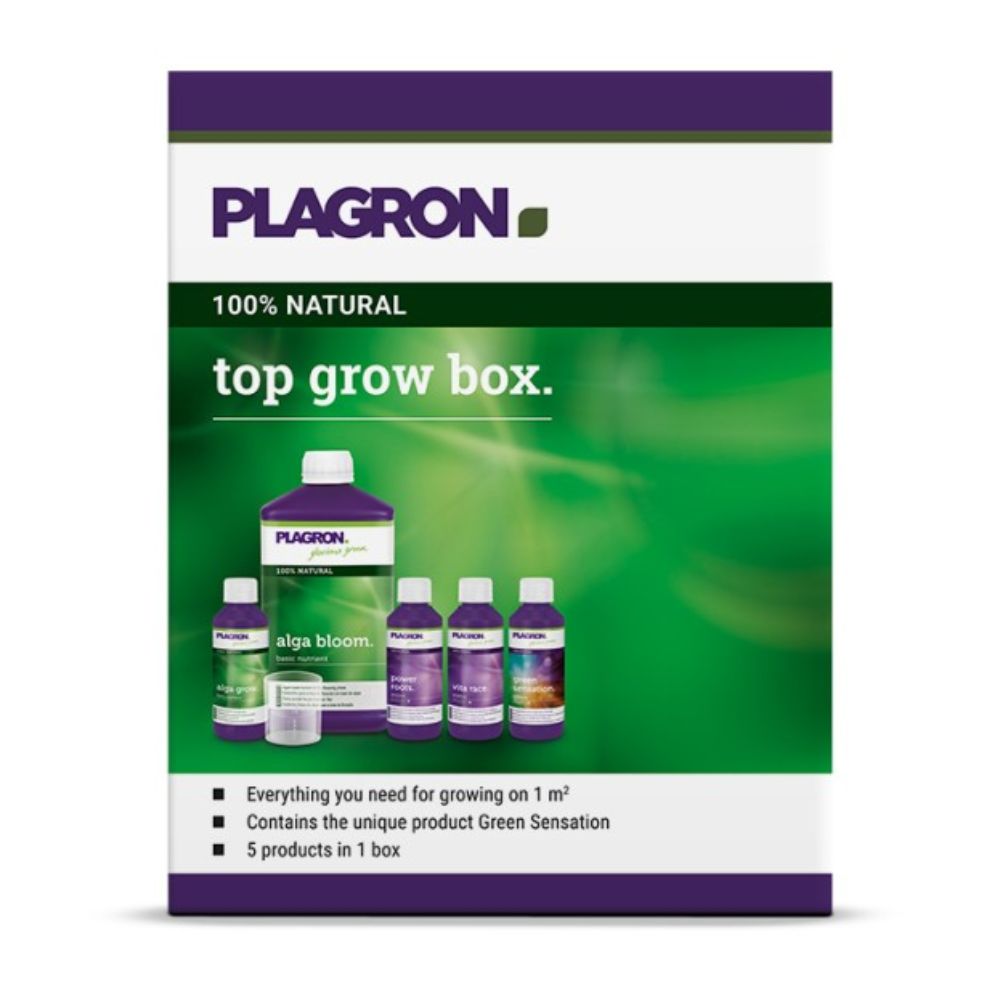 Plagron Top Grow Box 100% Natural od Bertels B.V. má zeleno-fialový dizajn, obsahuje päť fliaš vrátane „Alga Bloom“, využíva prírodné zložky, podporuje rast na viac ako 1 m² a ponúka vynikajúce biologické hnojivá pre kompletnú výživu.