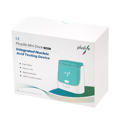 Obrázok ukazuje bielu škatuľu pre integrované zariadenie na testovanie nukleových kyselín Pluslife (verzia pre veterinárov). Zvýraznená je kompaktná veľkosť, užívateľsky prívetivý dizajn a rýchla detekcia s presnosťou QPCR, čo ho robí ideálnym pre použitie vo veterinárnej medicíne a ako PCR testovacie zariadenie pre domáce zvieratá.