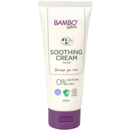 Biela 100ml tuba Bambo Nature ošetrujúceho krému od Abena Re-Seller GmbH, bez farbív a parfumov, ideálna pre citlivú pokožku, s fialovým uzáverom, zeleným logom, certifikačnými symbolmi. Predávané ako balenie (6 kusov).